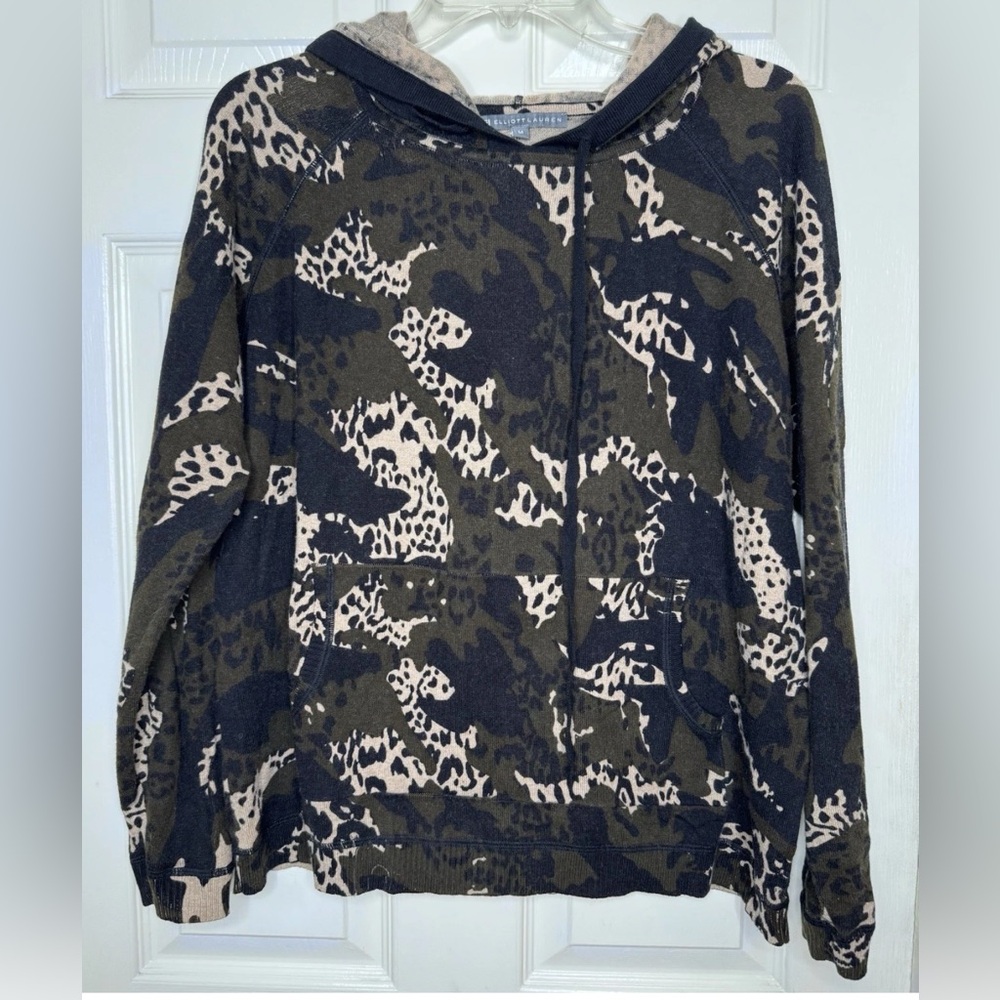 ELLIOTT LAUREN green Tan Leopard Camo Cotton Cashmere Hoodie Sweater Sz Medium